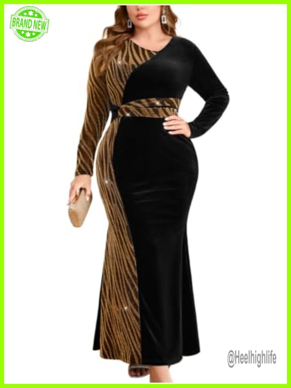 Plus Size Velvet Zebra Mesh Twist Knot Mermaid Maxi Evening Gown Long Sleeve